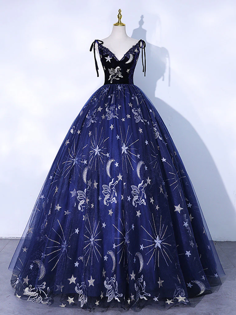 Dark Blue A-Line Tulle Lace Long Prom Dress, Dark Blue Long Formal Dress - Deanwangkt