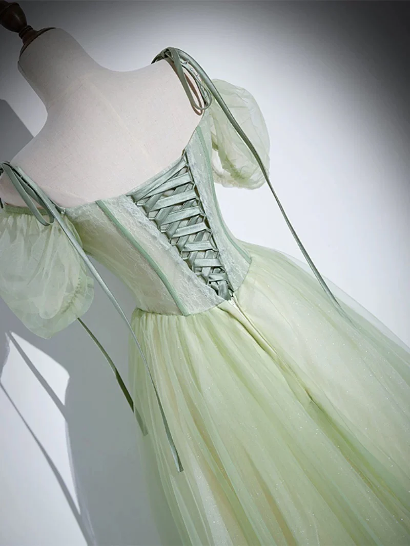 A-Line Tulle Lace Green Long Prom Dress, Green Long Evening Dress - Deanwangkt