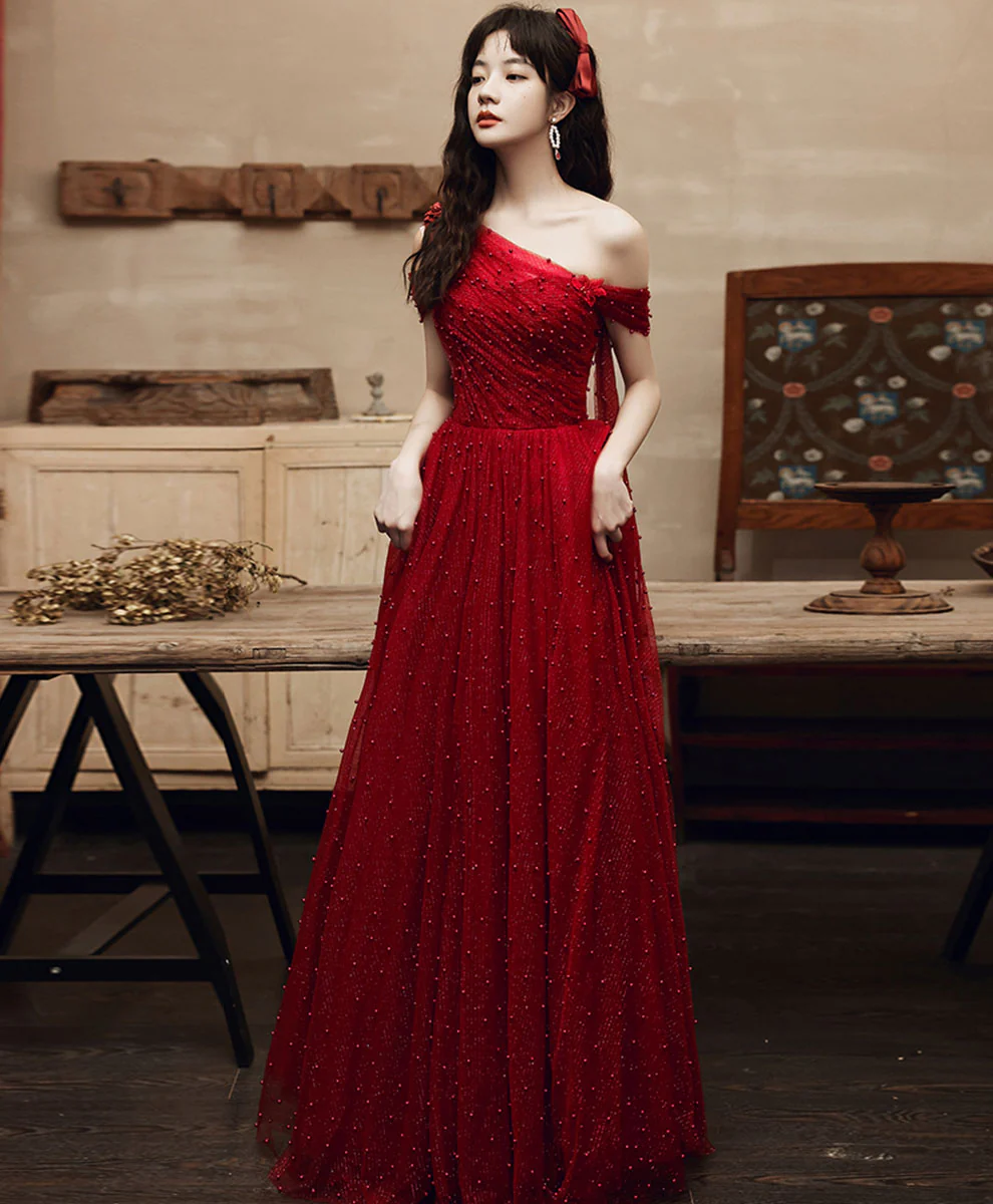 Burgundy One Shoulder Long Prom Dress, Burgundy Formal Graduation Dress - Deanwangkt