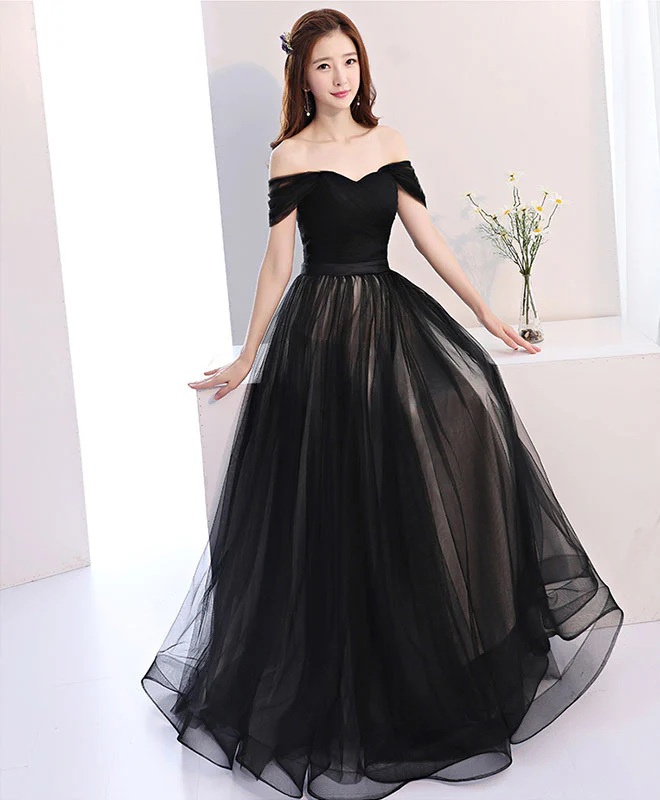 Black Off Shoulder Long Prom Dress, Black Evening Dress - Deanwangkt