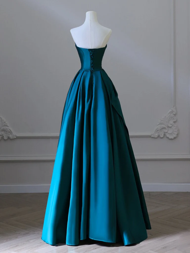 A-Line Strapless Satin Peacock Blue Long Prom Dress, Simple Peacock Blue Evening Dress - Deanwangkt