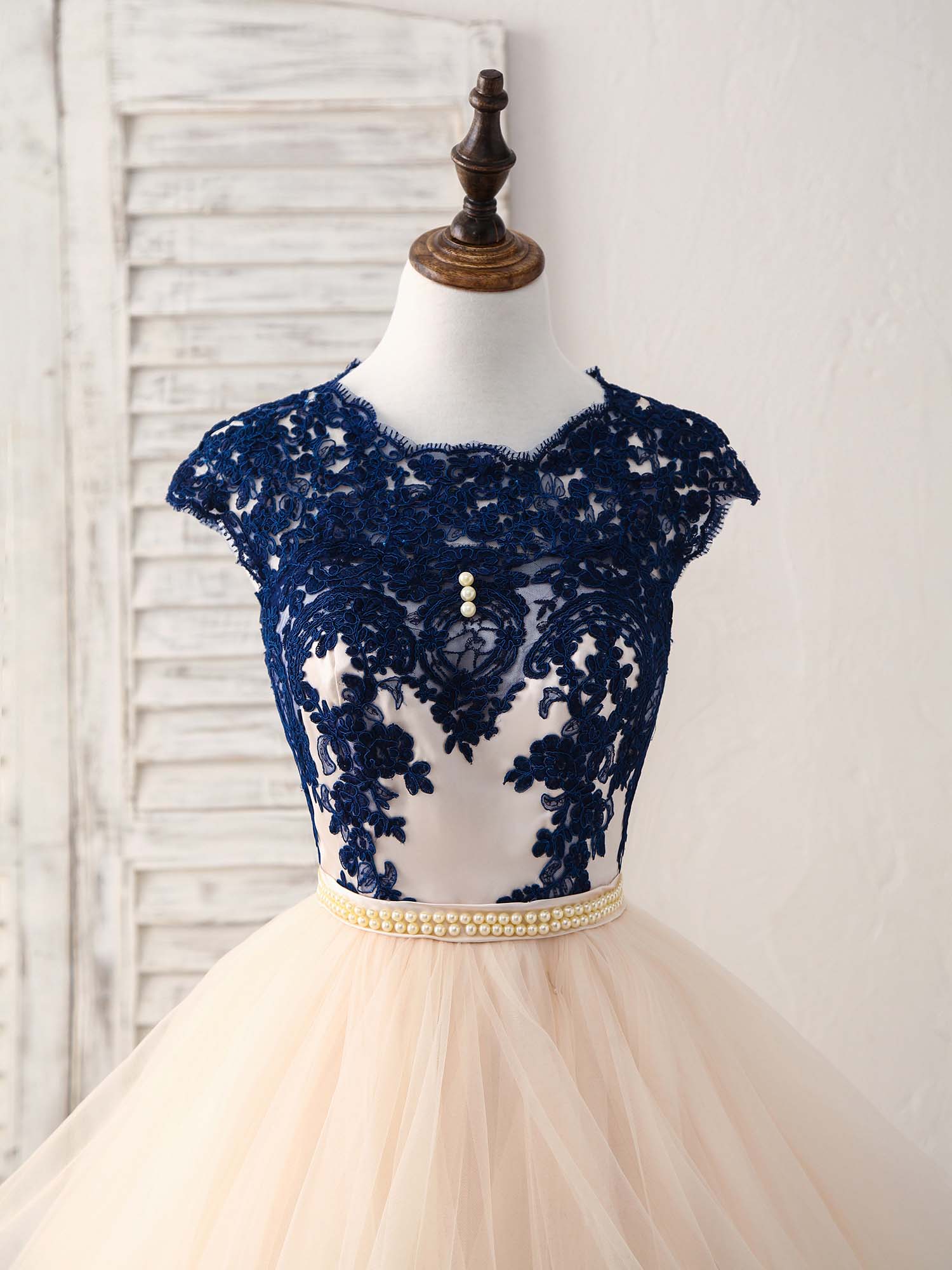 Blue/Champagne Tulle Lace Applique Long Prom Dress, Evening Dress - Deanwangkt