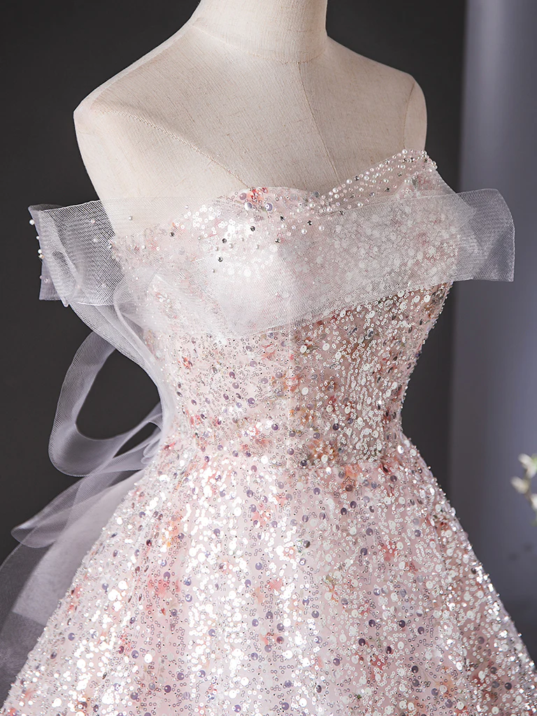A-Line Tulle Lace Sequin Pink Long Prom Dress, Pink Long Evening Dress - Deanwangkt