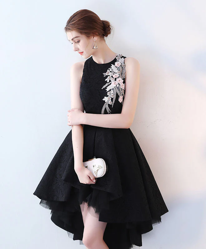 Cute Black High Low Prom Dress, Short Evening Dress - Deanwangkt