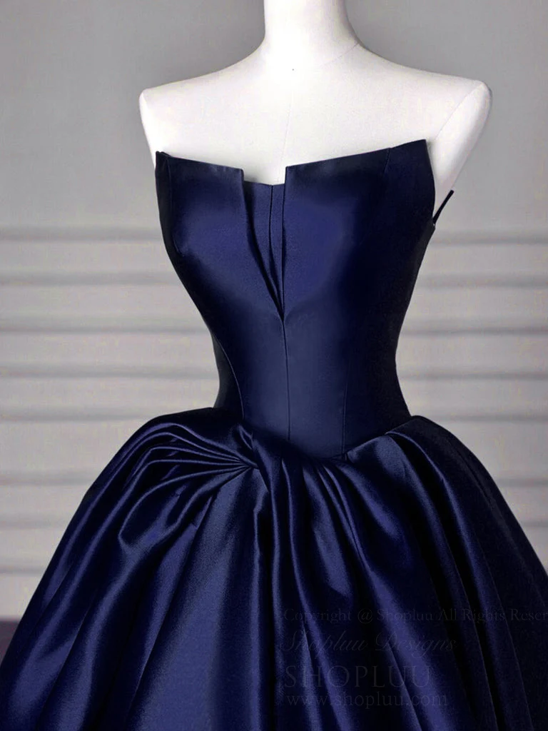 A-Line Off Shoulder Satin Dark Blue Long Prom Dress, Dark Blue Long Formal Dress - Deanwangkt