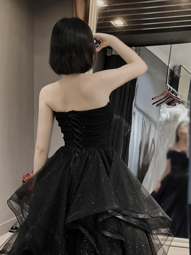 A-Line Sweetheart Neck Tulle Long Prom Dress, Black Long Formal Dress - Deanwangkt