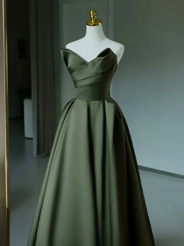 A-Line V Neck Satin Green Long Prom Dress, Green Long Evening Dress - Deanwangkt