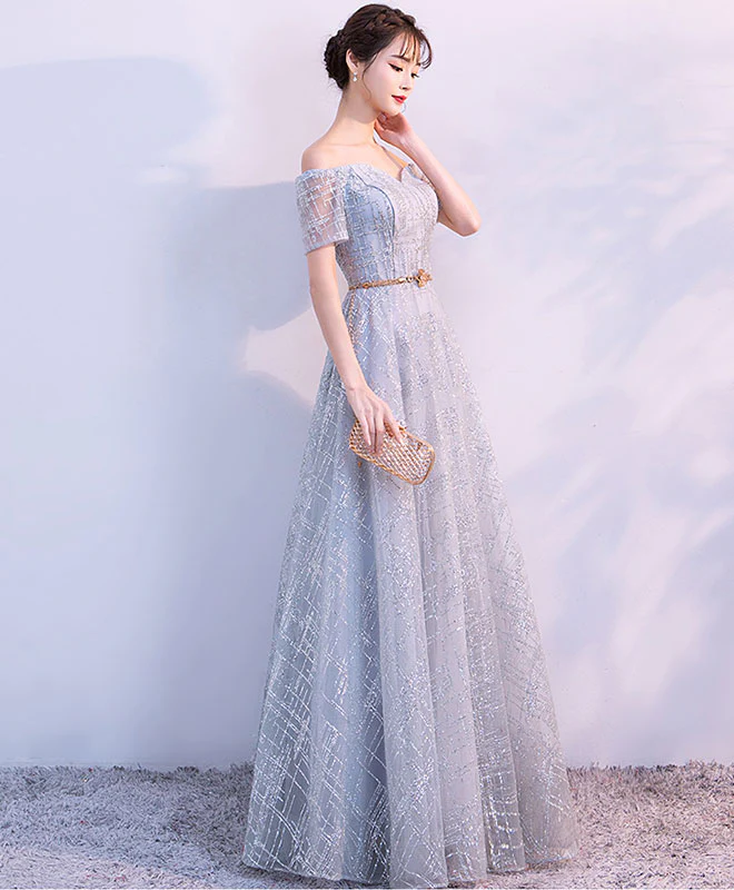 Unique Tulle Gray Long Prom Dress, Tulle Gray Evening Dress - Deanwangkt