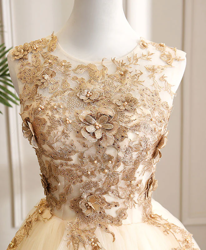 Champagne Tulle Lace Long Prom Dress Champagne Evening Dress - Deanwangkt