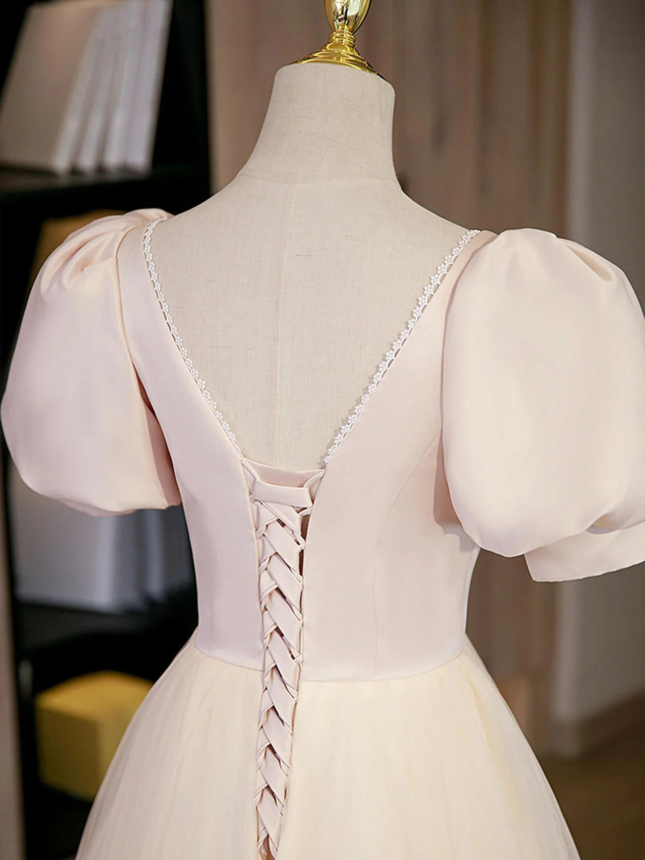 Champagne Tulle A Line Long Prom Dress, Champagne Formal Graduation Dresses - Deanwangkt