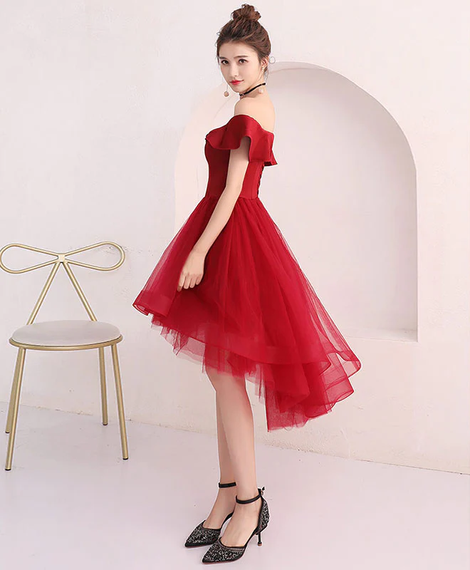 Cute Burgundy Tulle Off Shoulder Short Prom Dress, Burgundy Homecoming Dress - Deanwangkt