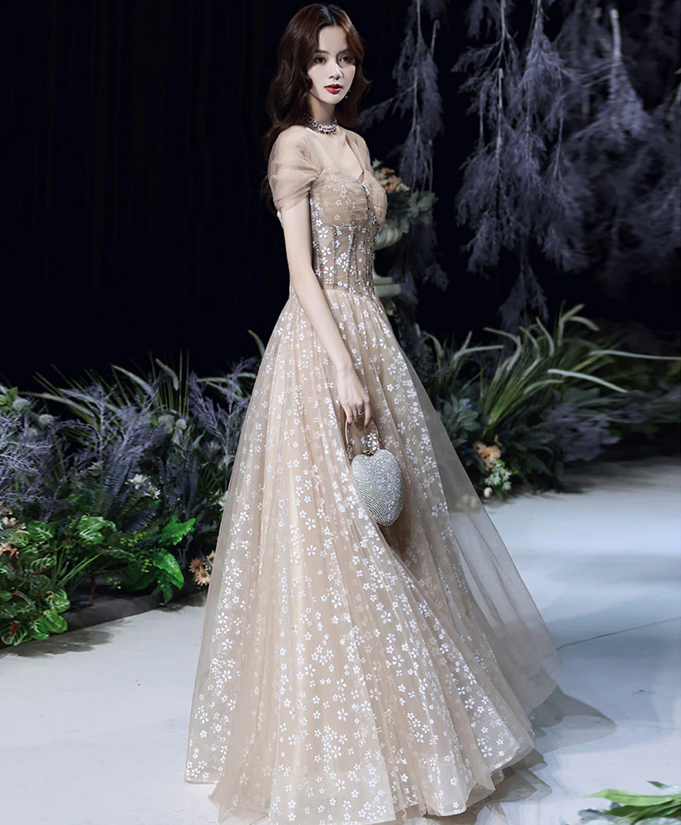 Champagne Tulle Long Prom Dress, Champagne Formal Party Dress with Beading - Deanwangkt