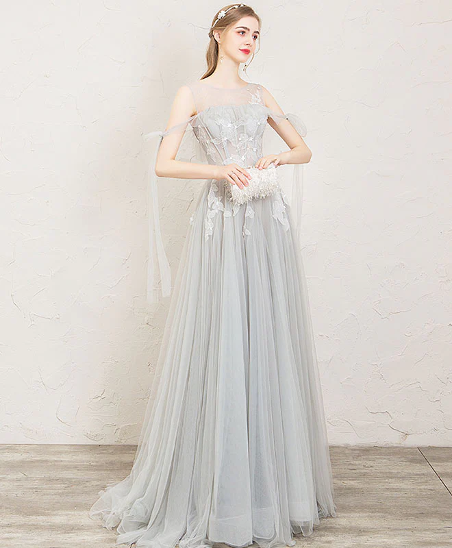 Gray Round Neck Tulle Lace Long Prom Dress, Gray Evening Dress - Deanwangkt