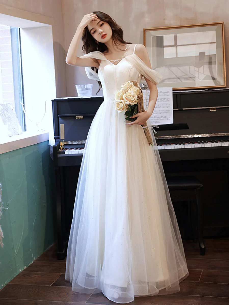 Simple White Off Shoulder Tulle Long Prom Dress, White Formal Dresses - Deanwangkt