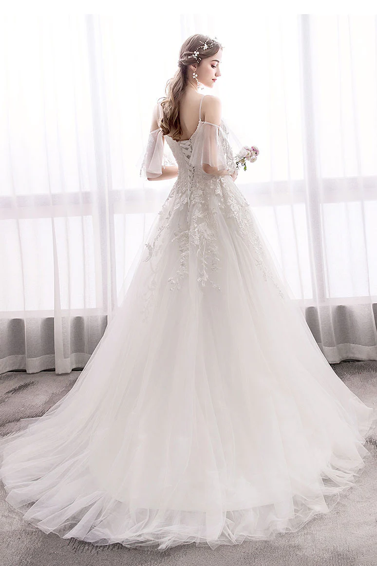 White Sweetheart Lace Tulle Long Wedding Dress, Lace Bridal Dress - Deanwangkt