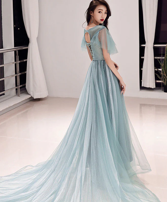 Green Round Neck Tulle Lace Long Prom Dress, Green Evening Dress - Deanwangkt