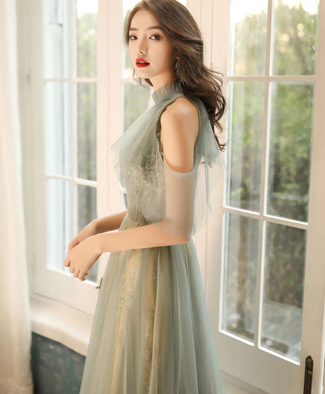 Green Tulle Hight Neck Tulle Lace Long Prom Dress Tulle Formal Dress - Deanwangkt