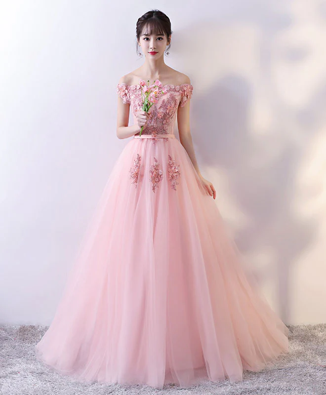 Pink Tulle Lace Long Prom Dress, Lace Evening Dress - Deanwangkt