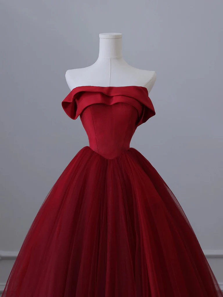 A-Line Tulle Burgundy Long Prom Dress, Burgundy Tulle Long Formal Dress - Deanwangkt