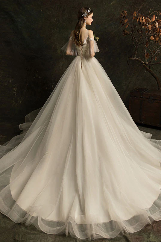 White Round Neck Tulle Lace Long Wedding Dress, Bridal Dress - Deanwangkt