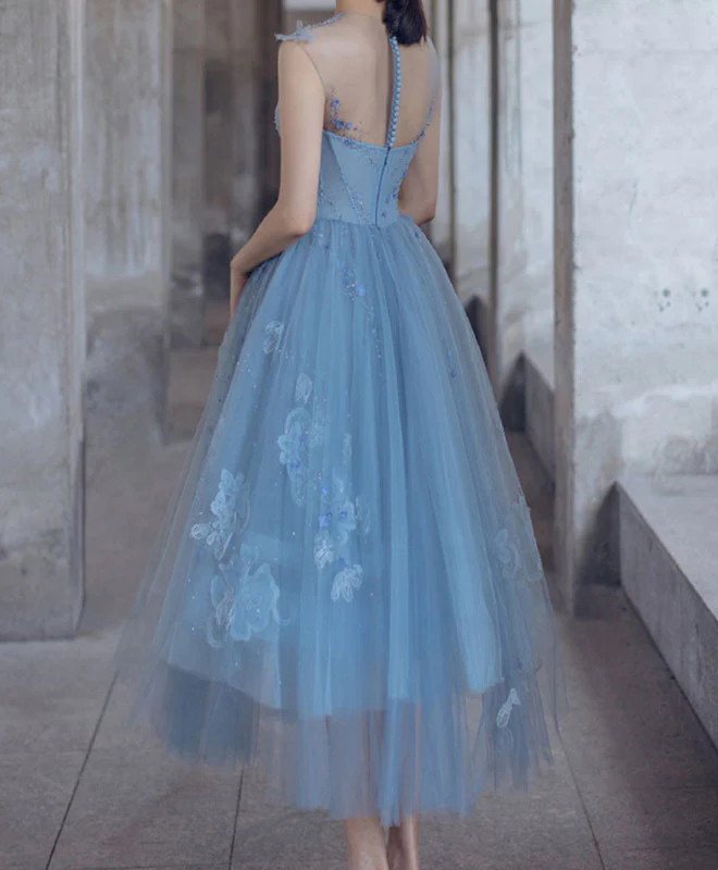Blue Tulle Short Prom Dress, Blue Homecoming Dress with Lace Beading - Deanwangkt
