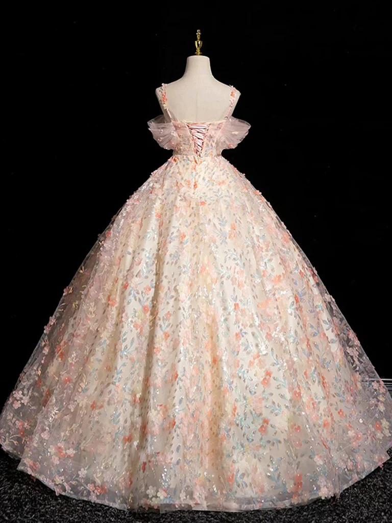 A-Line Sweetheart Neck Tulle Lace Champagne Long Prom Dress - Deanwangkt