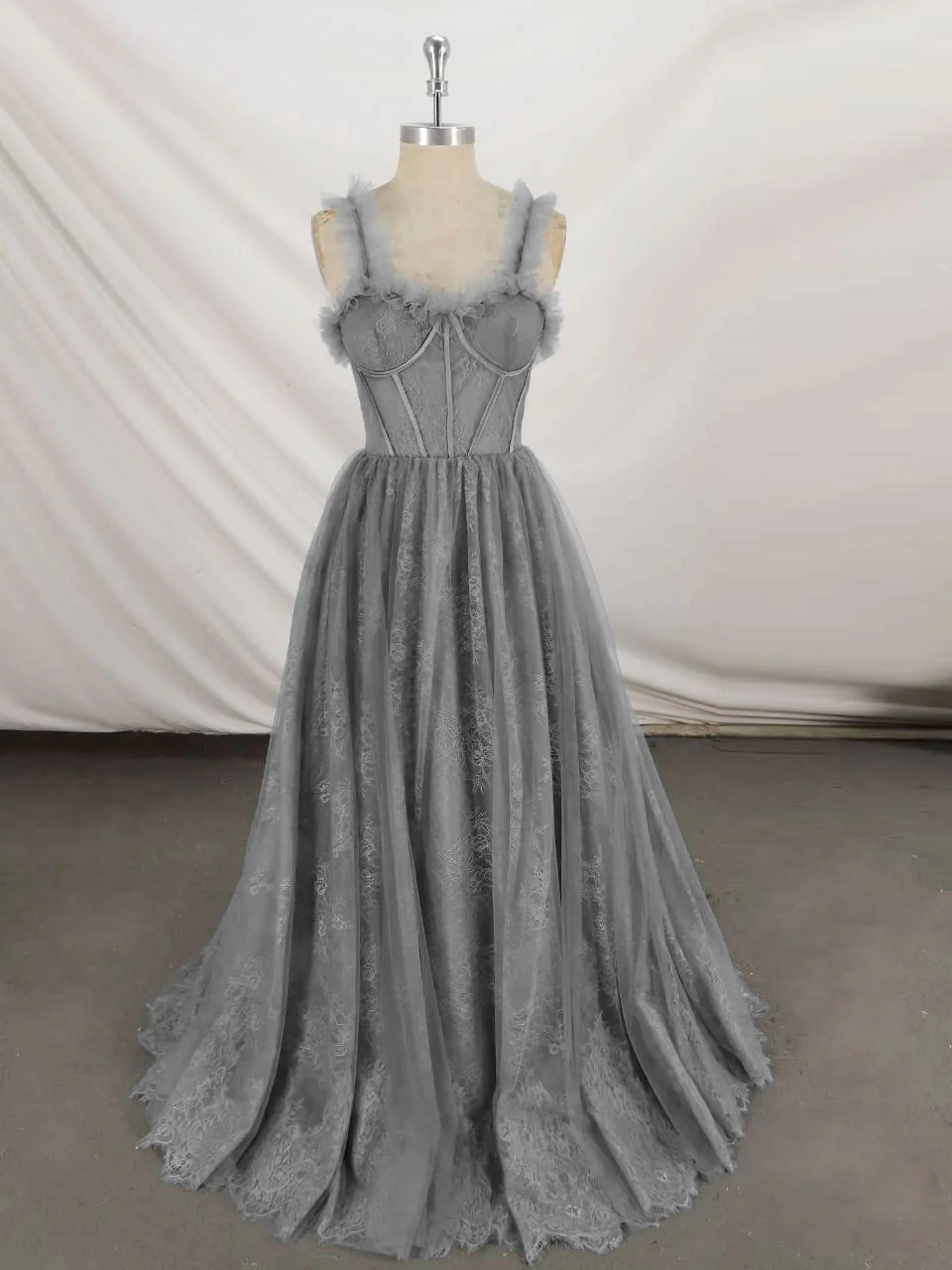 Gray Sweetheart Neck Tulle Lace Long Prom Dress Blue Formal Dress - Deanwangkt