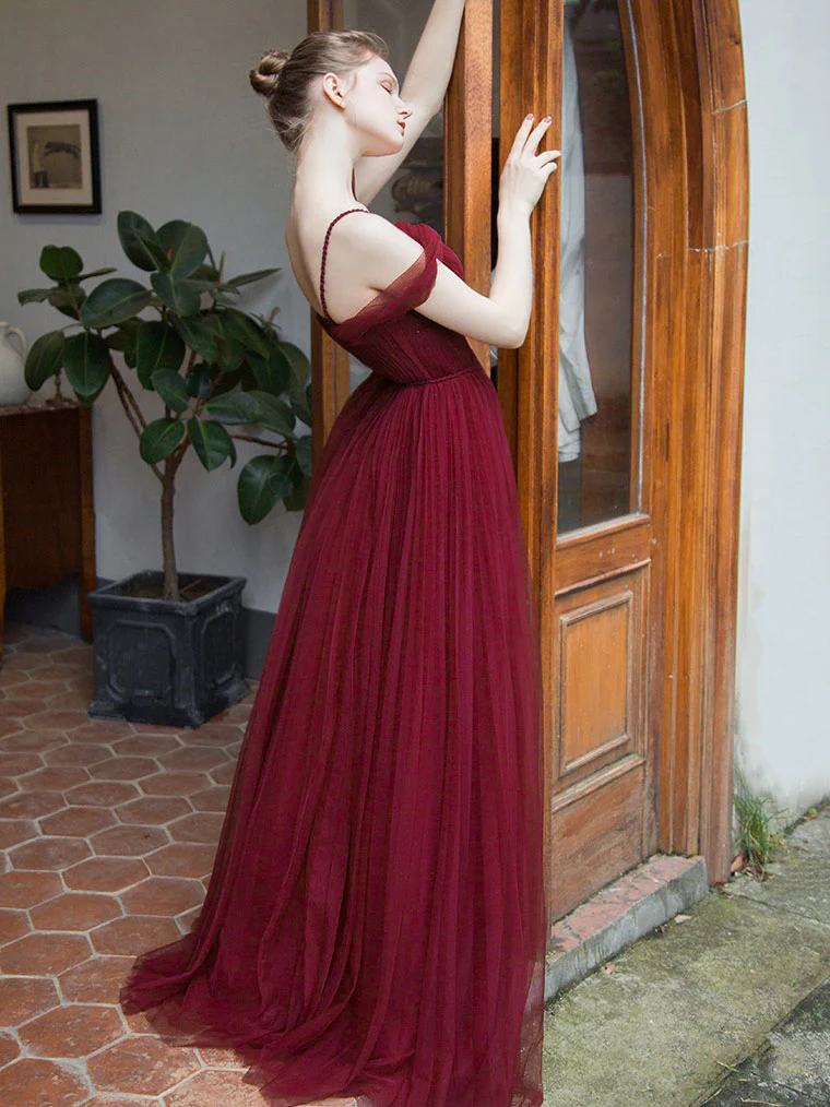 Simple Burgundy V Neck Tulle Long Prom Dress, Burgundy Bridesmaid Dress - Deanwangkt