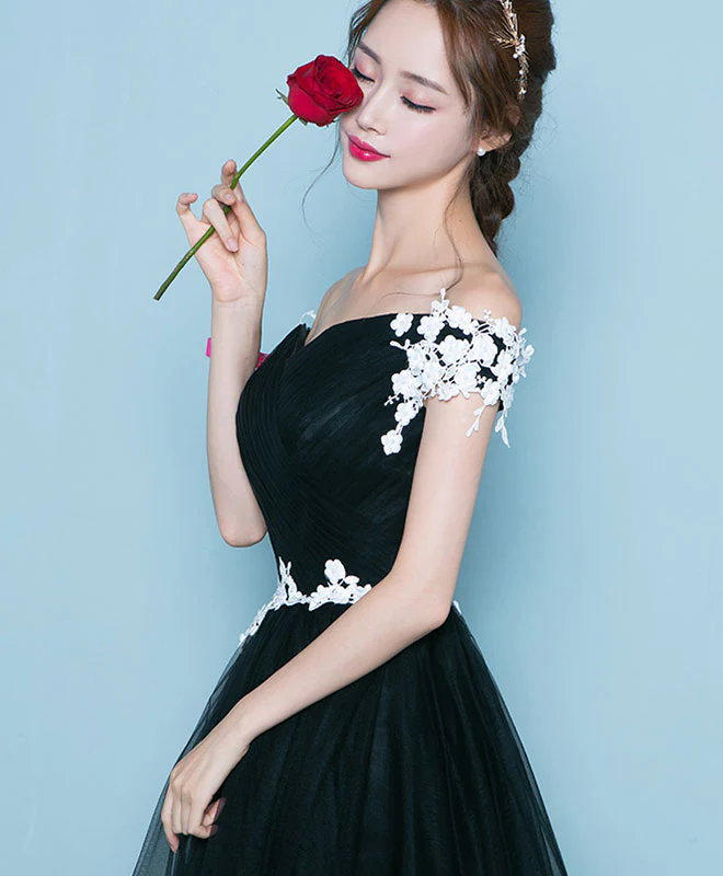 Cute Black Long Prom Dress, Lace Evening Dress - Deanwangkt