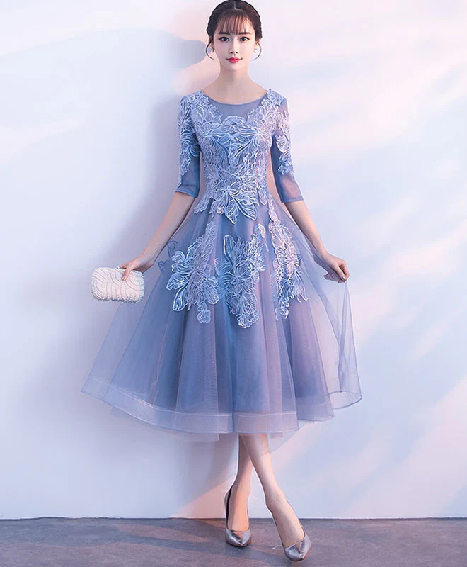 Blue Round Neck Tulle Lace Short Prom Dress, Blue Homecoming Dress - Deanwangkt