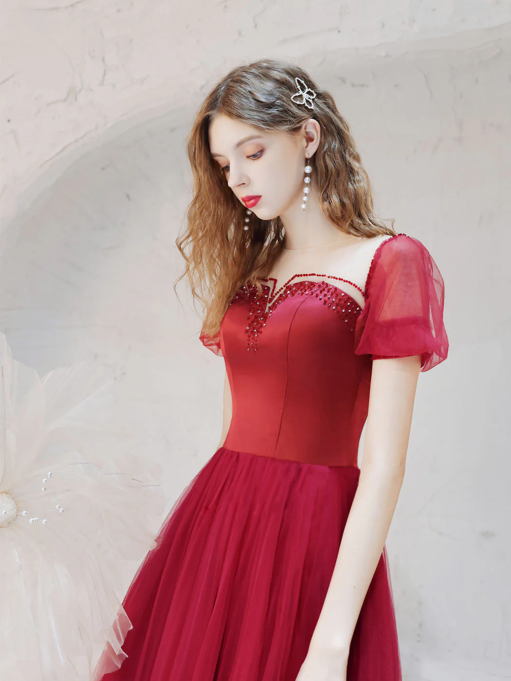 A-Line Burgundy Long Prom Dresses, Tulle Burgundy Evening Dresses with Beading - Deanwangkt