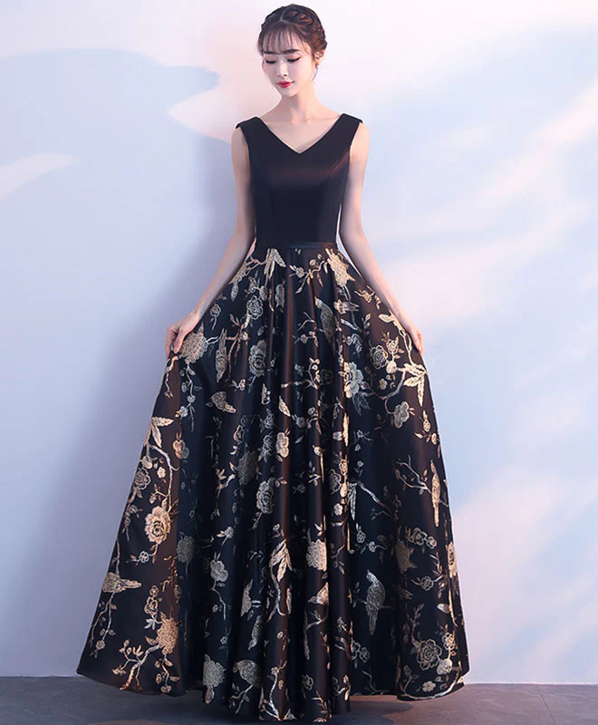 Black V Neck Floral Pattern Long Prom Dress, Evening Dress - Deanwangkt