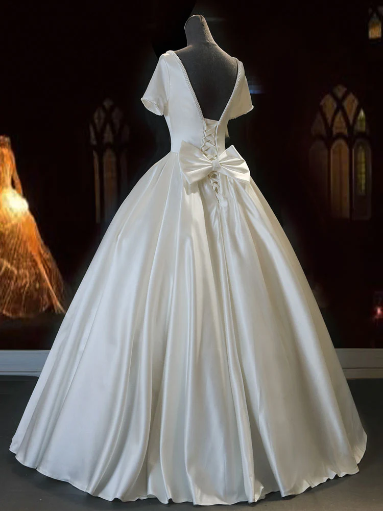 White Sweetheart Satin Long Bridal Dress White Wedding Dress - Deanwangkt