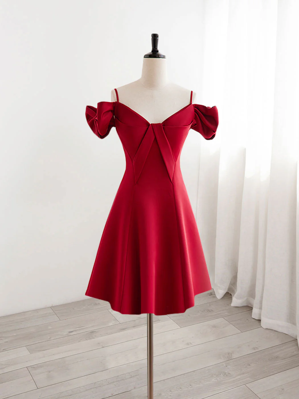 Burgundy  V Neck Satin Short Prom Dress, Burgundy Homecoming Dress - Deanwangkt