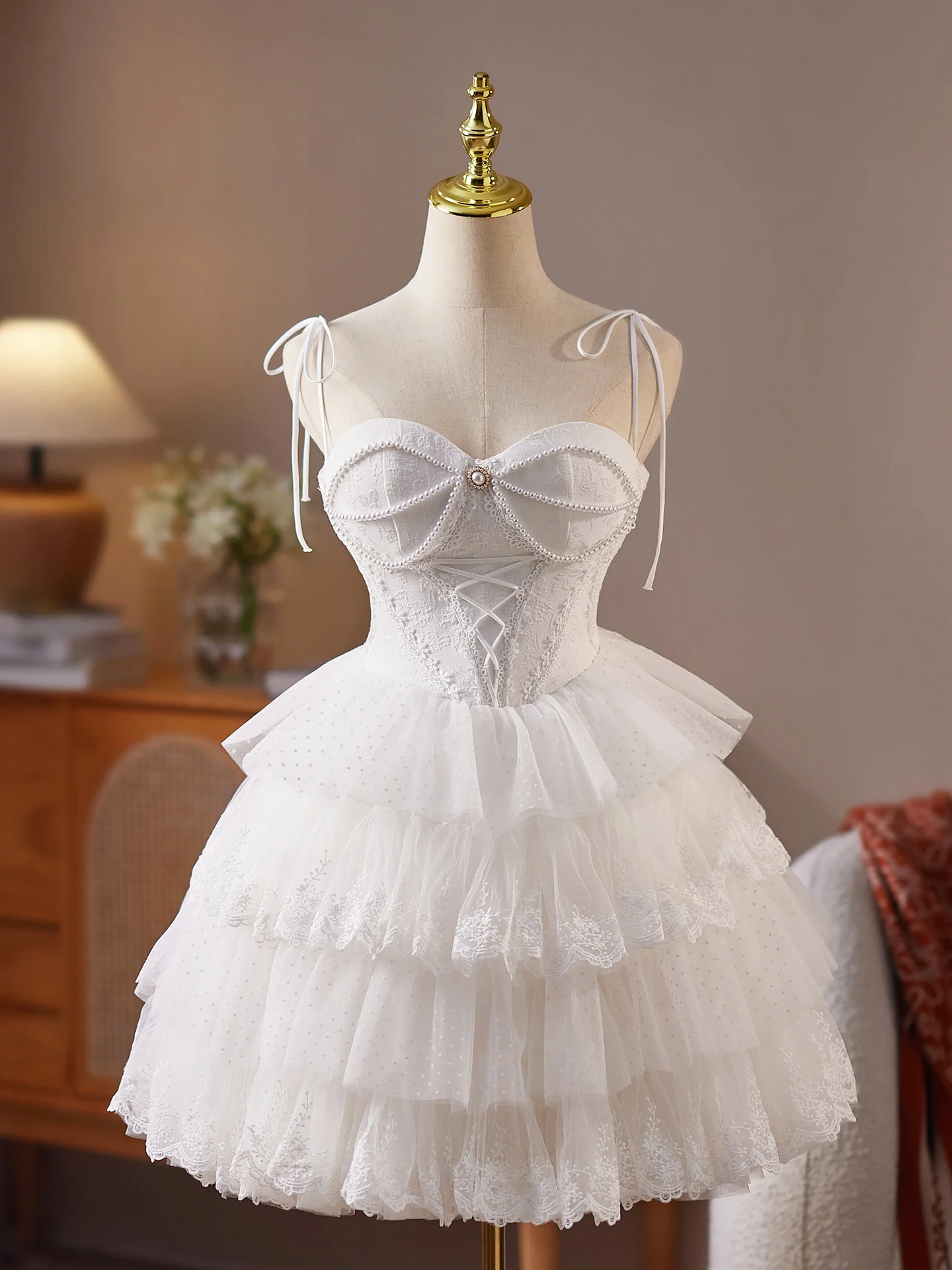 A-line Sweetheart Neck Tulle Lace White Short Prom Dress, White Homecoming Dress - Deanwangkt