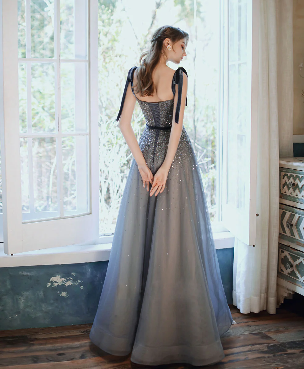 Blue Sweetheart Tulle Sequin Long Prom Dress Blue Formal Dress - Deanwangkt