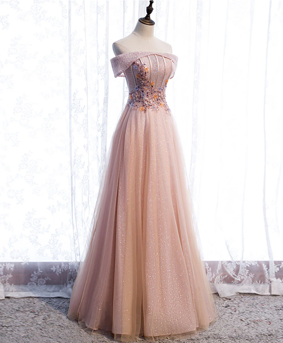 Pink Tulle Sequin Beads Long Prom Dress, Pink Tulle Formal Dresses - Deanwangkt
