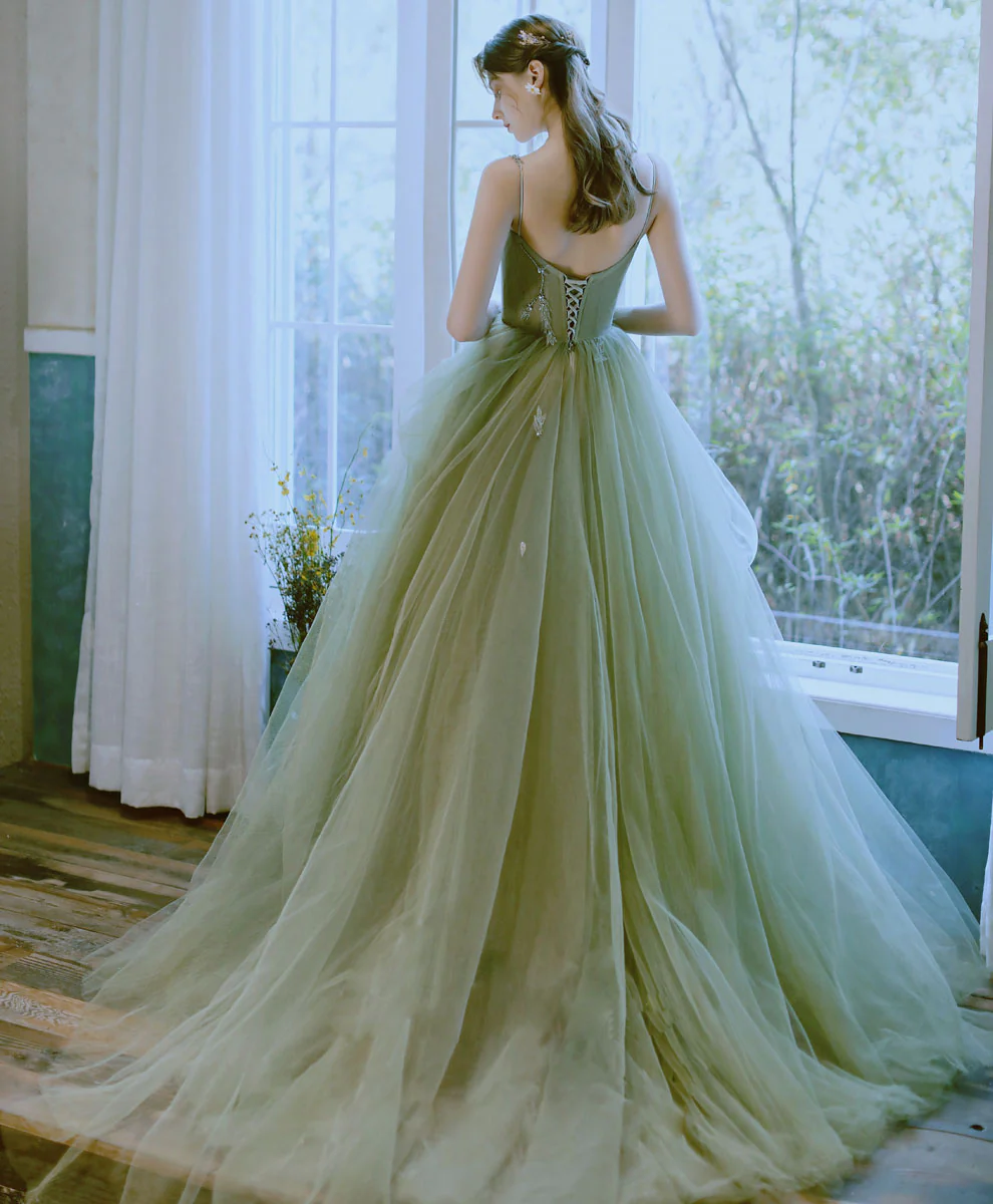 Green Tulle Lace Long Prom Dress Green Tulle Lace Formal Dress - Deanwangkt