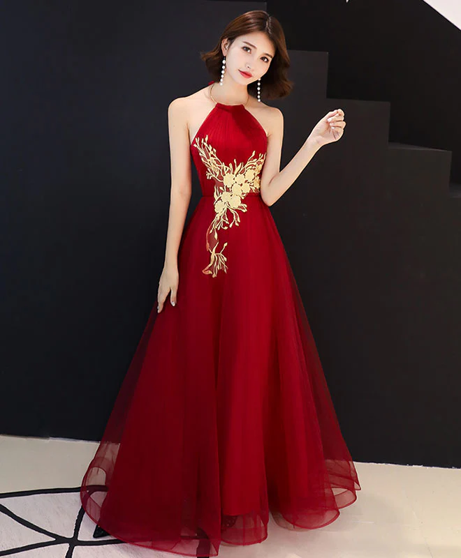 Burgundy Tulle Lace Long Prom Dress, Burgundy Tulle Evening Dress - Deanwangkt