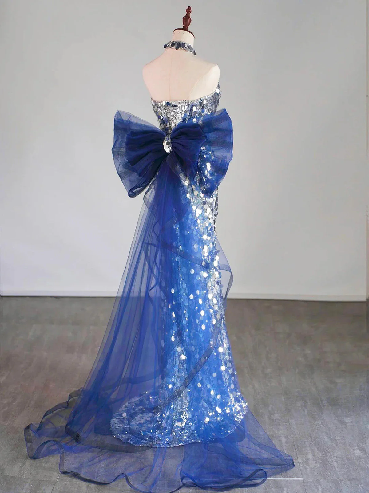 Simple Mermaid Tulle Sequin Blue/Silver Long Prom Dress, Blue/Silver Long Party Dress - Deanwangkt