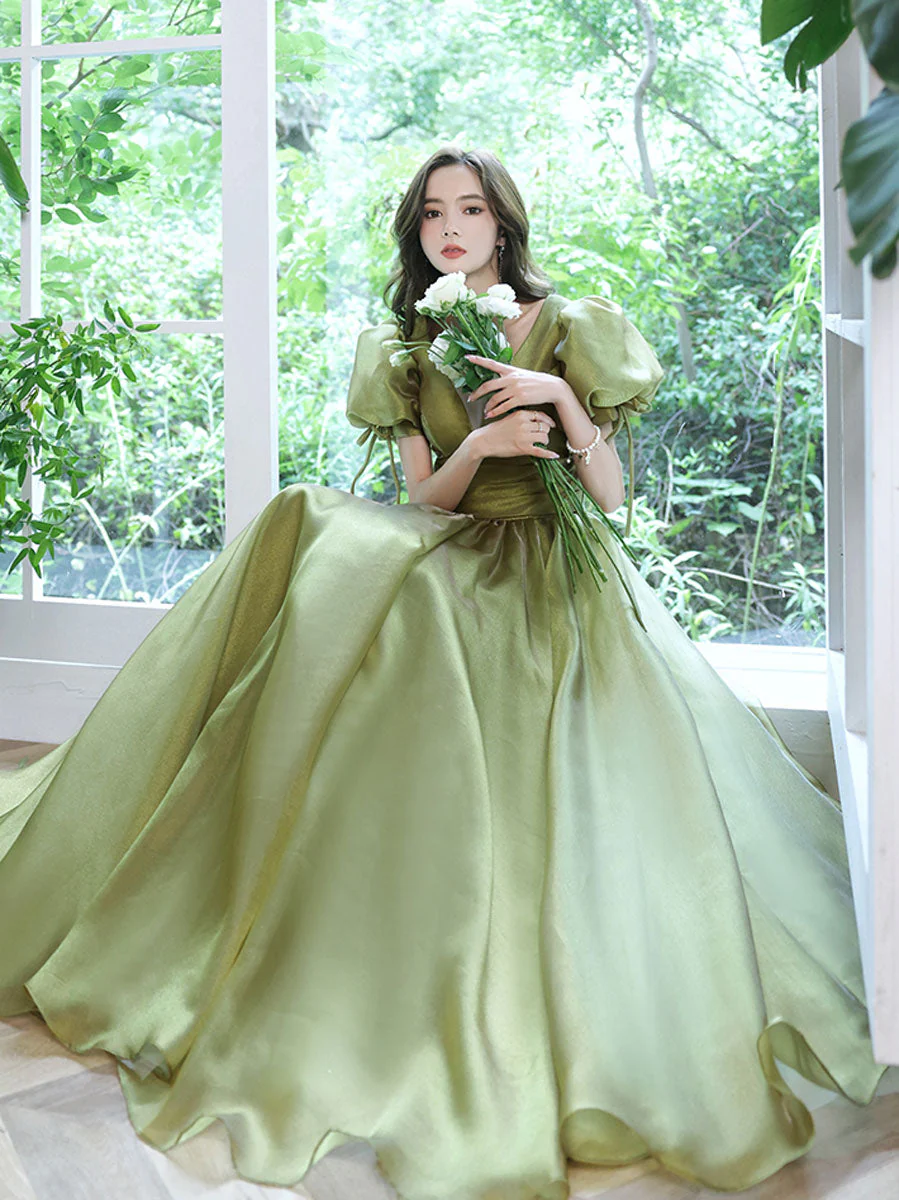 Simple Green V Neck Tulle Long Prom Dress, Green Evening Dresses - Deanwangkt