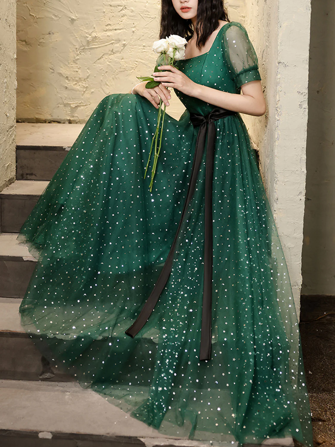 Green A line Long Prom Dress, Green Tulle Long Formal Dress - Deanwangkt