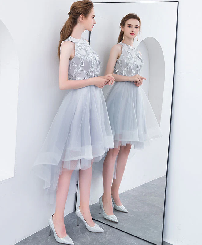 Cute High Neck Gray Tulle Short Prom Dress, Tulle Homecoming Dress - Deanwangkt