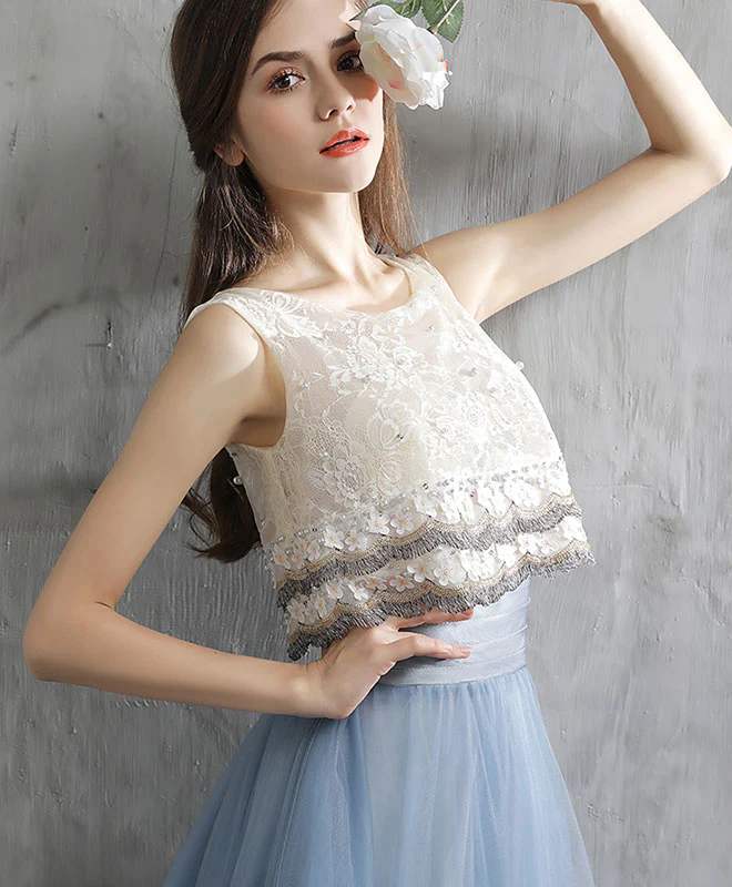 Gray Blue Two Pieces Tulle Long Prom Dress, Gray Blue Evening Dress - Deanwangkt