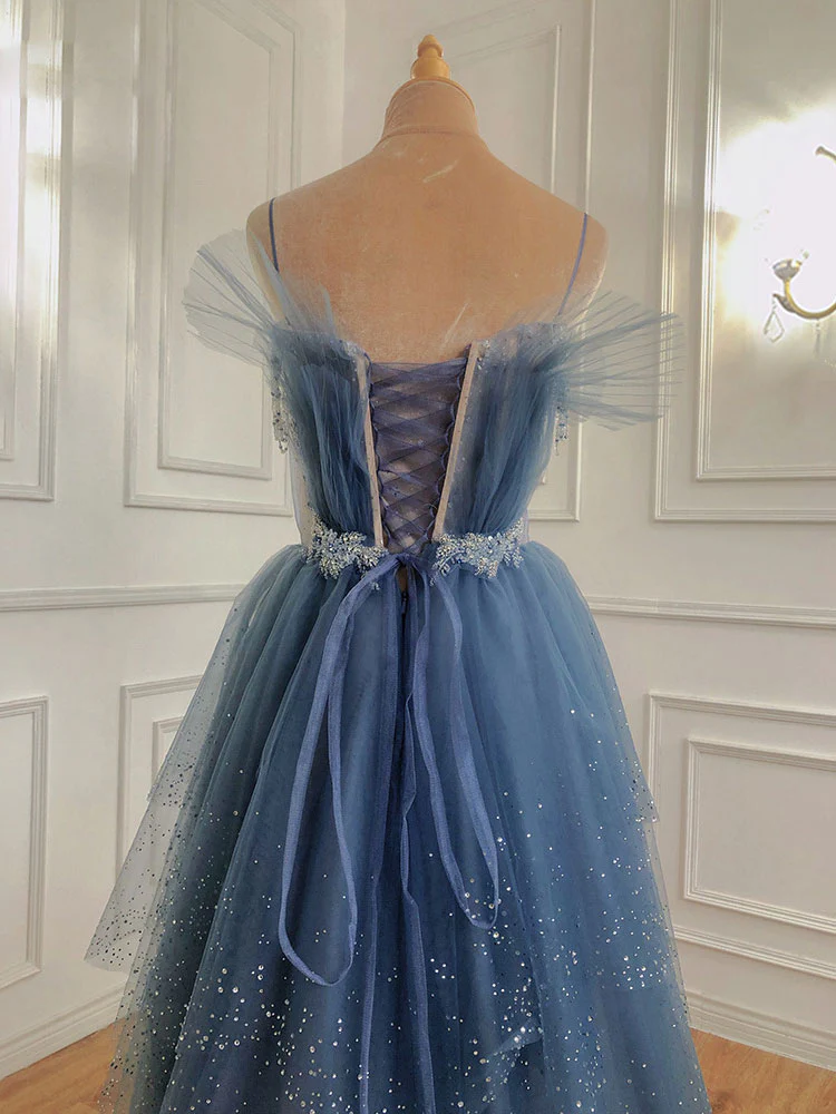 Gray Blue Tulle Beads Long Prom Dress, Blue Tulle Formal Dress - Deanwangkt