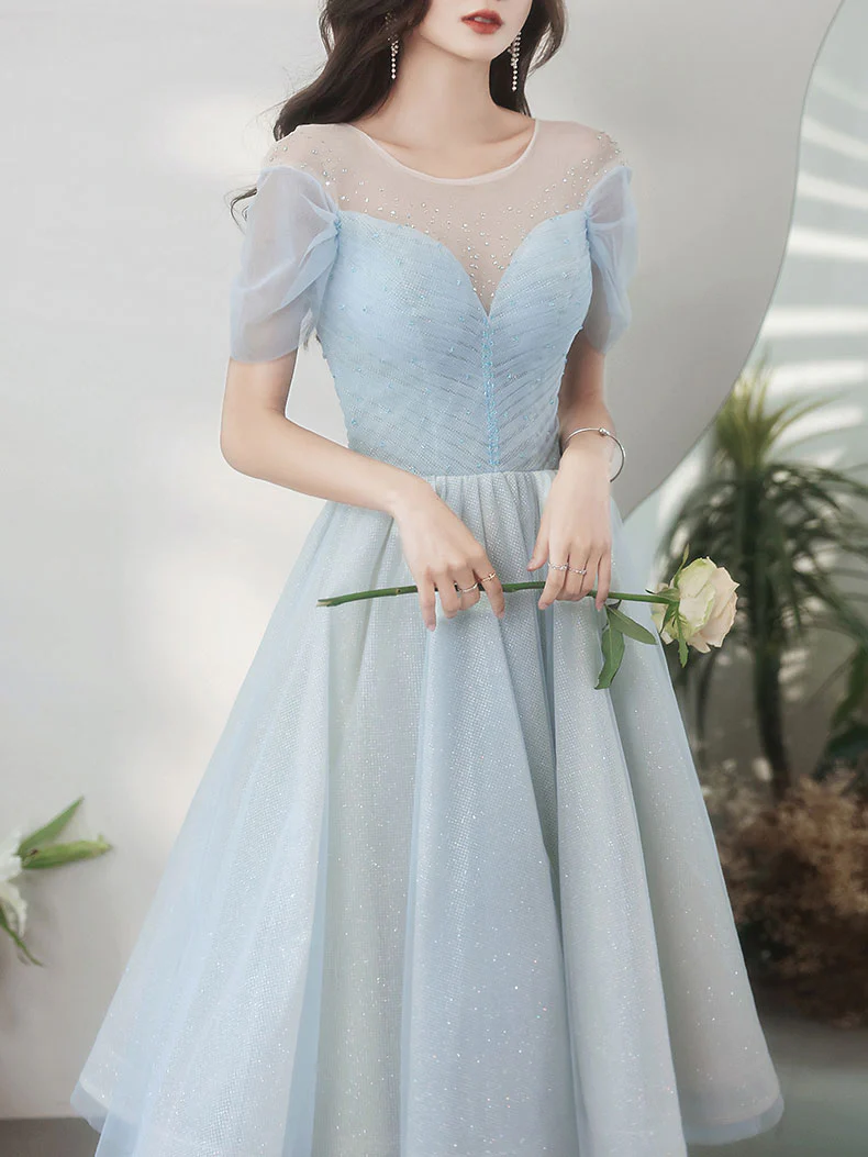 Blue Round Neck Tulle Short Prom Dress, Blue Homecoming Dress - Deanwangkt