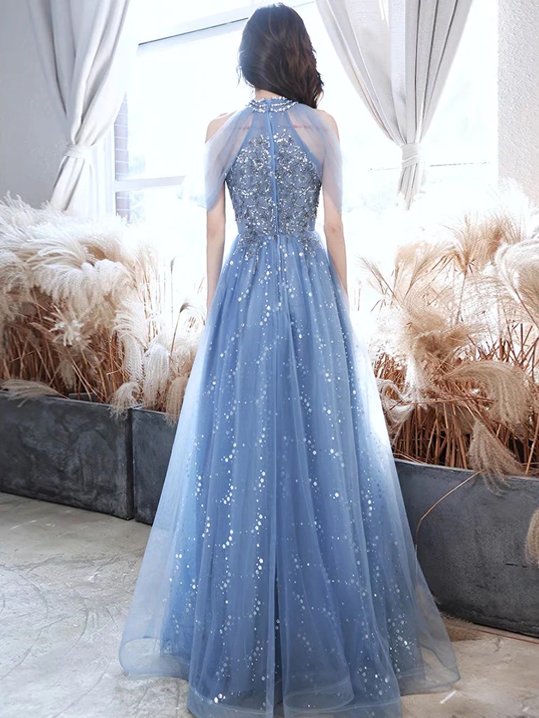 A-Line Off Shoulder Tulle Blue Long Prom Dress, Blue Lace Long Formal Dress - Deanwangkt
