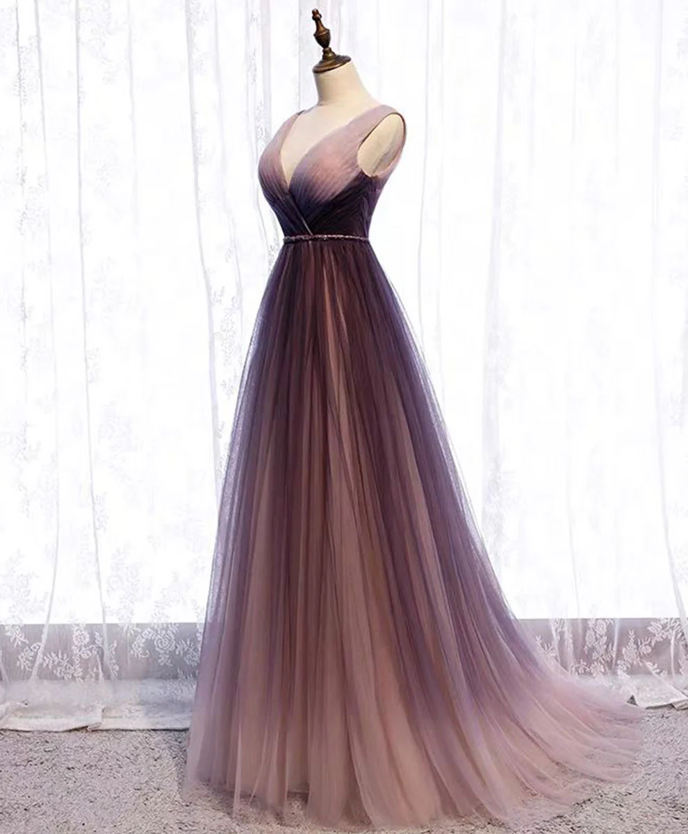Simple V Neck Tulle Long Prom Dress Tulle Evening Dress - Deanwangkt