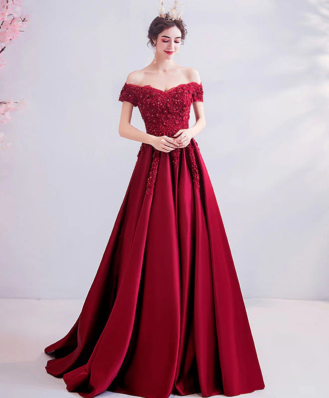 Burgundy Off Shoulder Lace Satin Long Prom Dress Burgundy Evening Dress - Deanwangkt