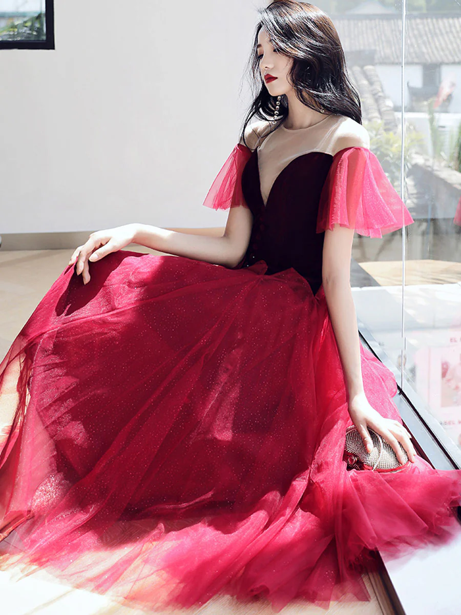 Burgundy Round Neck Velvet Short Prom Dress, Puffy Burgundy Homecoming Dress - Deanwangkt